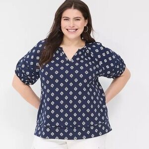 Lane Bryant 26/28 Navy Blue Printed Cotton Blouse Puff Sleeve V-Neck Plus Size